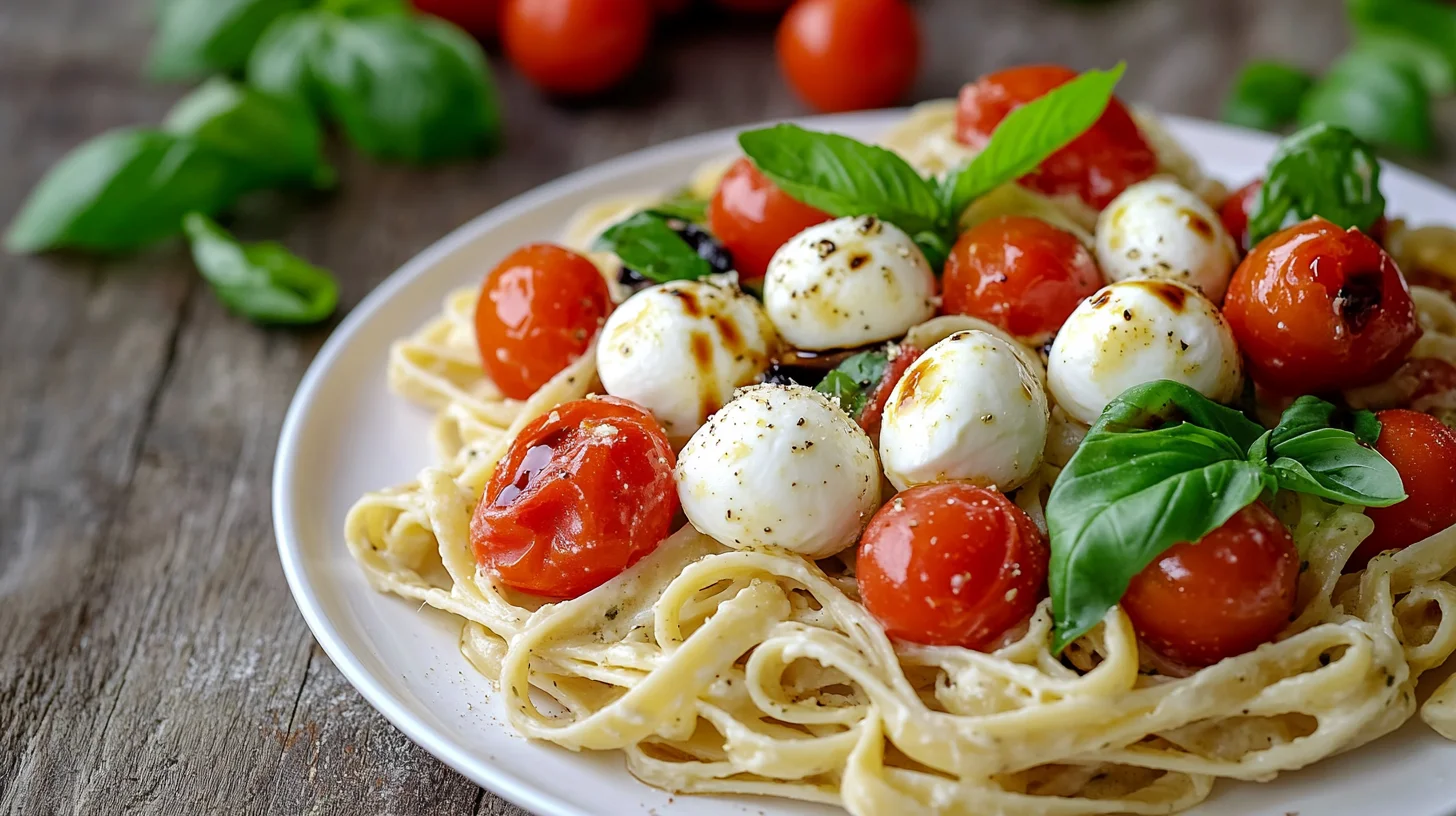 fresh caprese pasta salad with cherry tomatoes, mozzarella pearls, and basil on a white plate