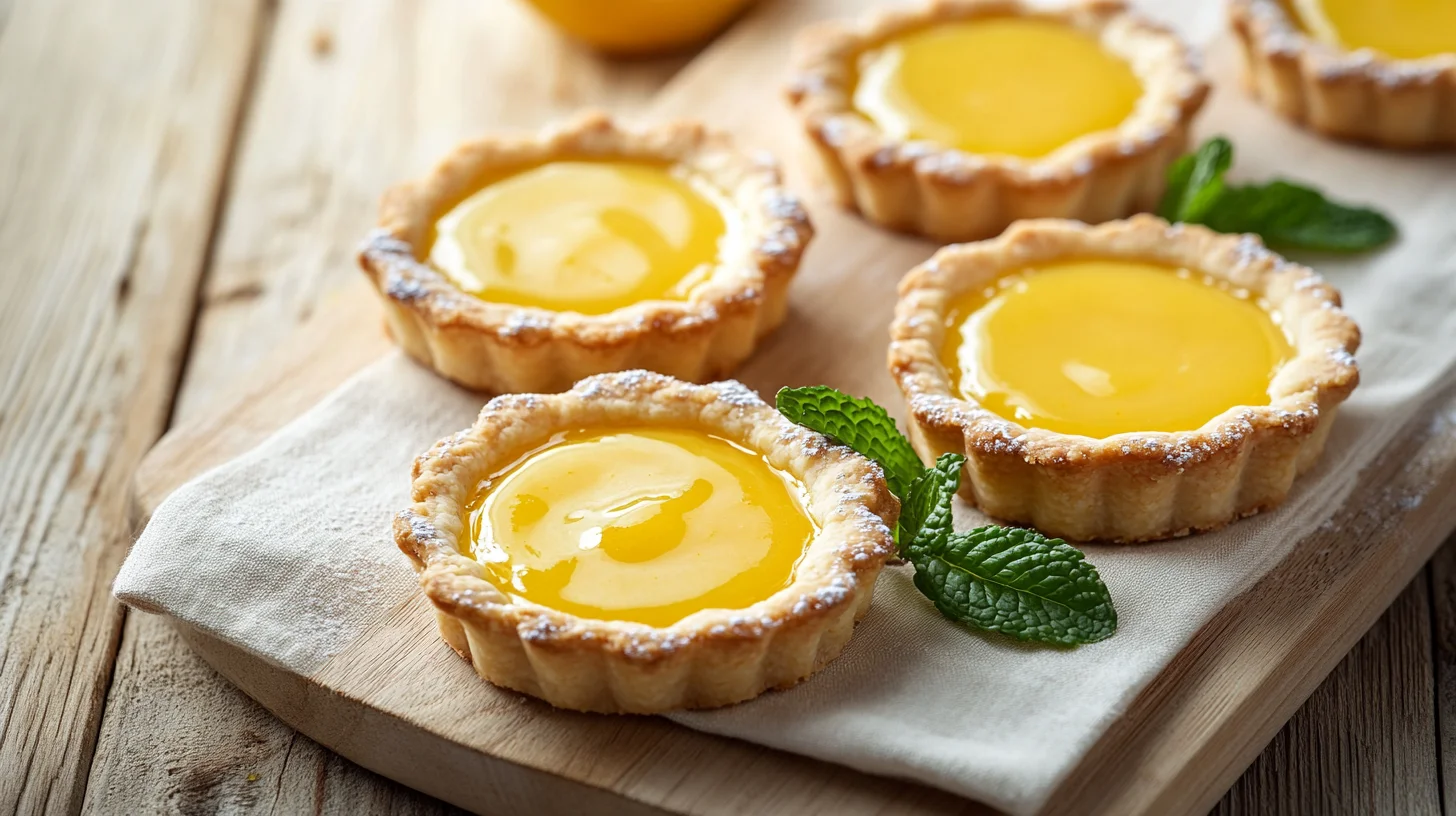 Golden Easy Lemon Curd Tartlets with fresh mint garnish on a rustic wooden table