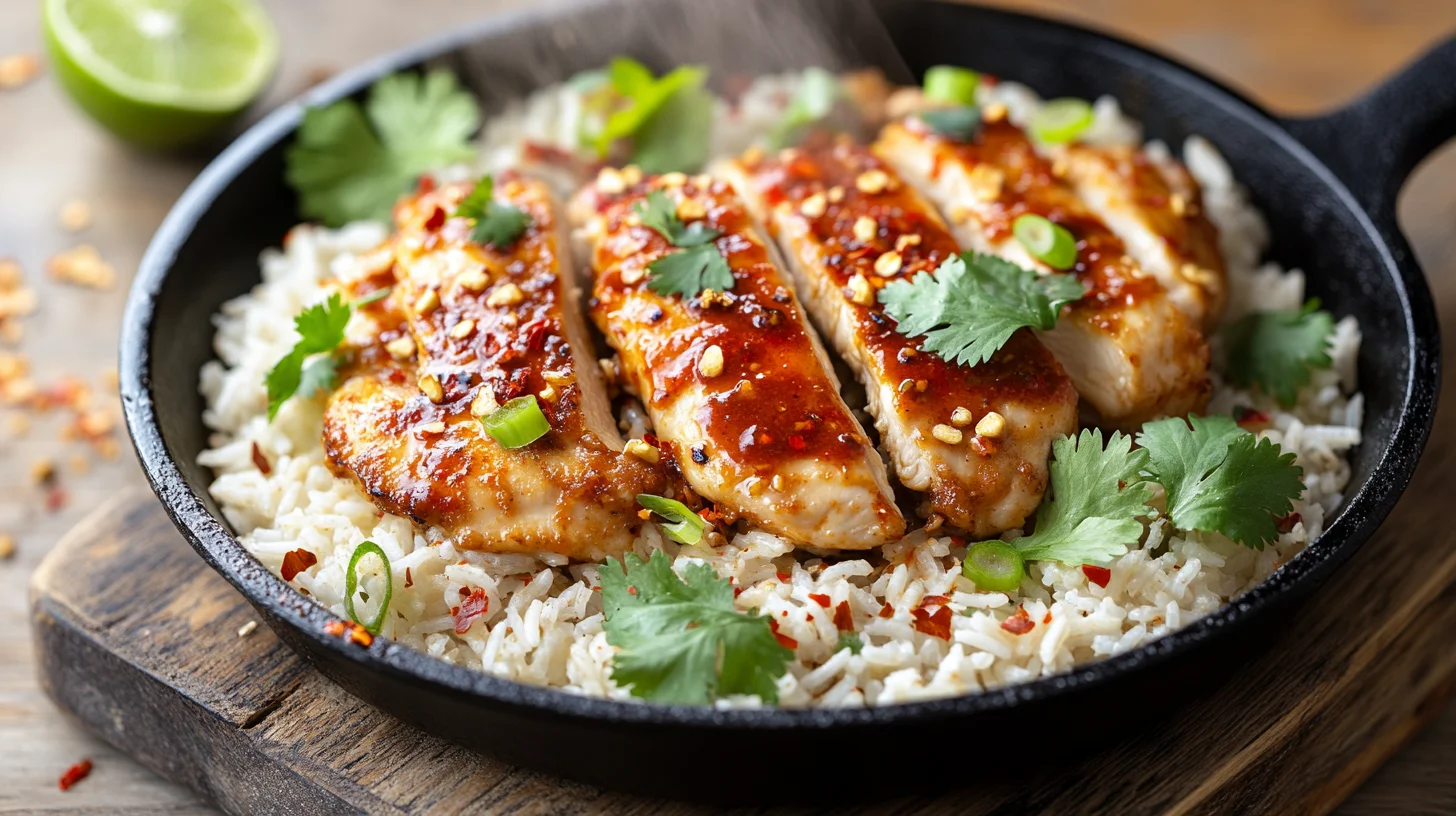 spicy chicken rice skillet with golden crispy chicken, vibrant peppers, and fluffy rice in cast iron pan