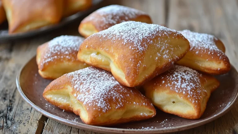 Golden crispy vanilla French beignets dusted with powdered sugar on white plate with coffee cup nearby