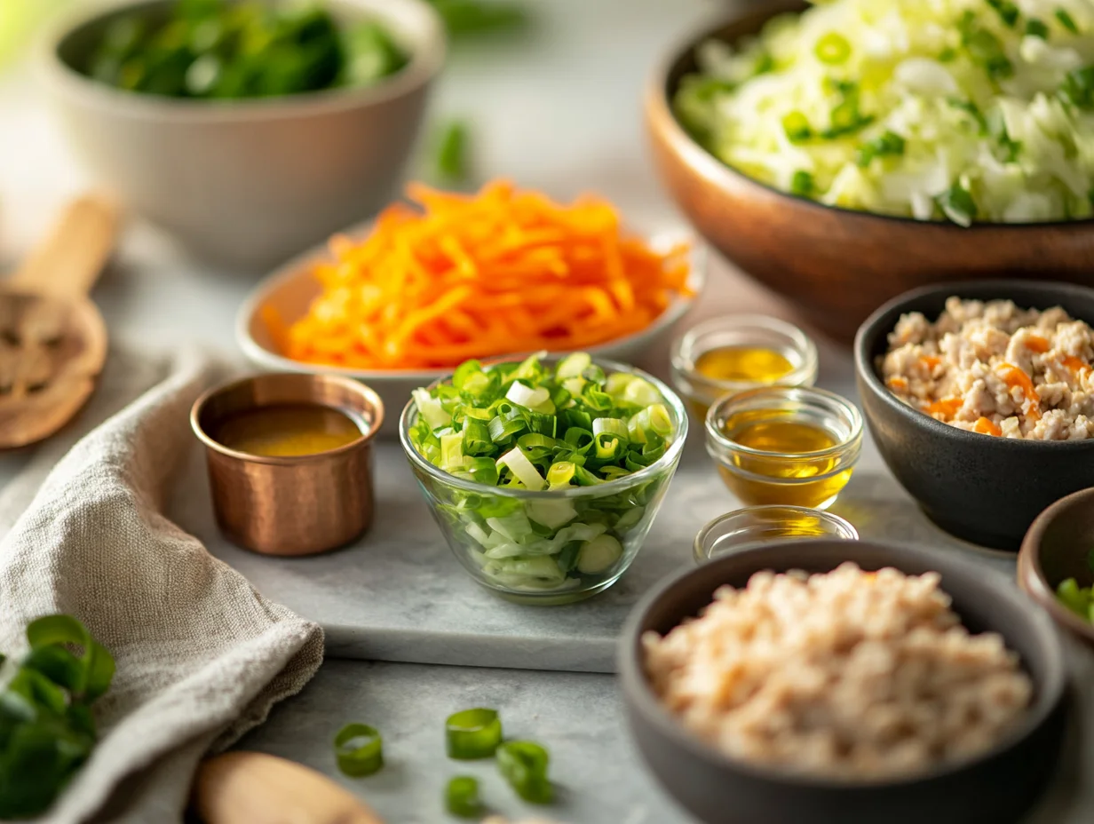 Fresh cabbage, ground pork, carrots, and green onions arranged on cutting board for egg roll in a bowl recipe
