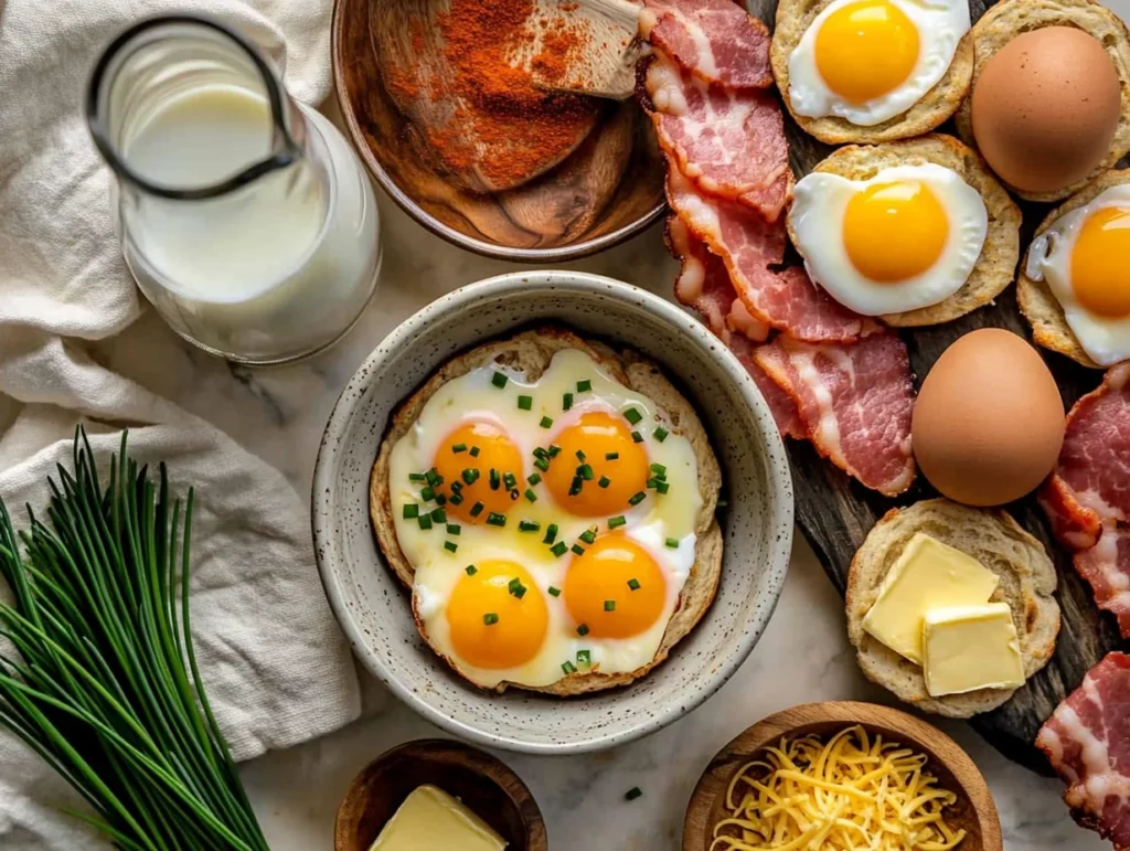 fresh eggs, English muffins, and hollandaise sauce layered in a baking dish for Eggs Benedict Casserole