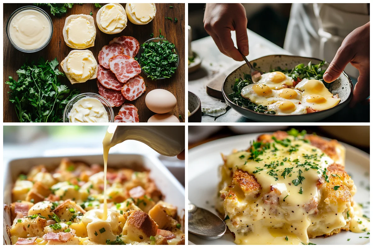 Layering toasted English muffin halves and Canadian bacon in a buttered baking dish for Eggs Benedict Casserole