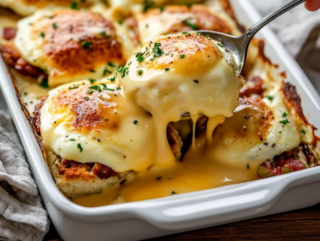 A golden Eggs Benedict Casserole served in a white ceramic dish, topped with hollandaise sauce and fresh herbs