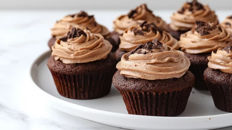 Rich chocolate espresso brownie cupcakes with fudgy texture and coffee bean garnish on marble surface