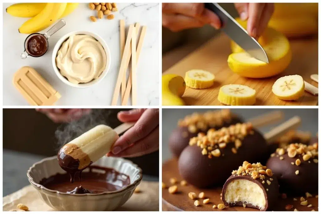 Frozen Banana Snickers preparation steps collage