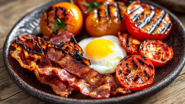 classic full English breakfast with crispy bacon, sausages, eggs, baked beans, grilled tomatoes, and toast