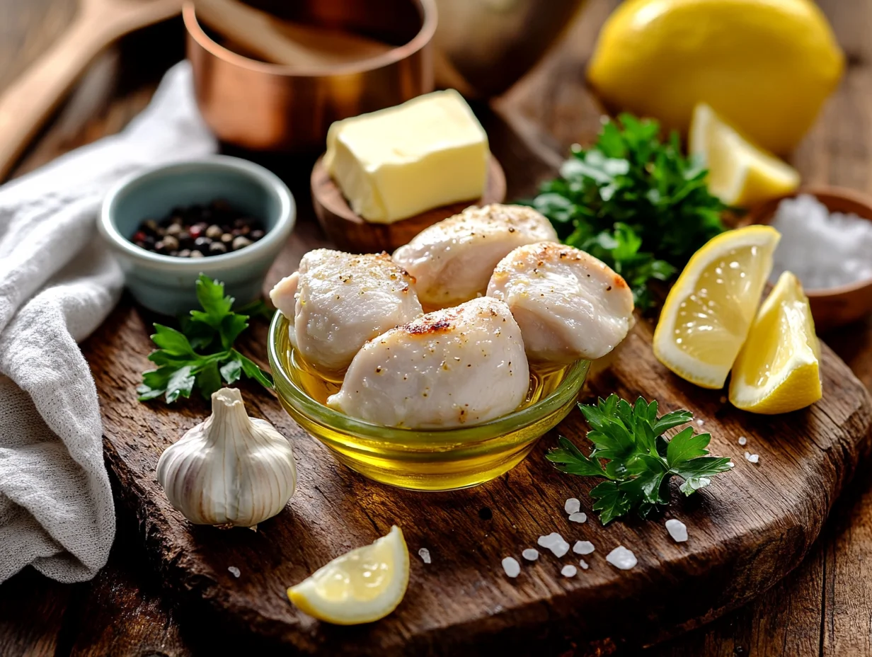 Fresh chicken breast cubes, minced garlic, butter, and herbs arranged on cutting board for garlic butter chicken bites