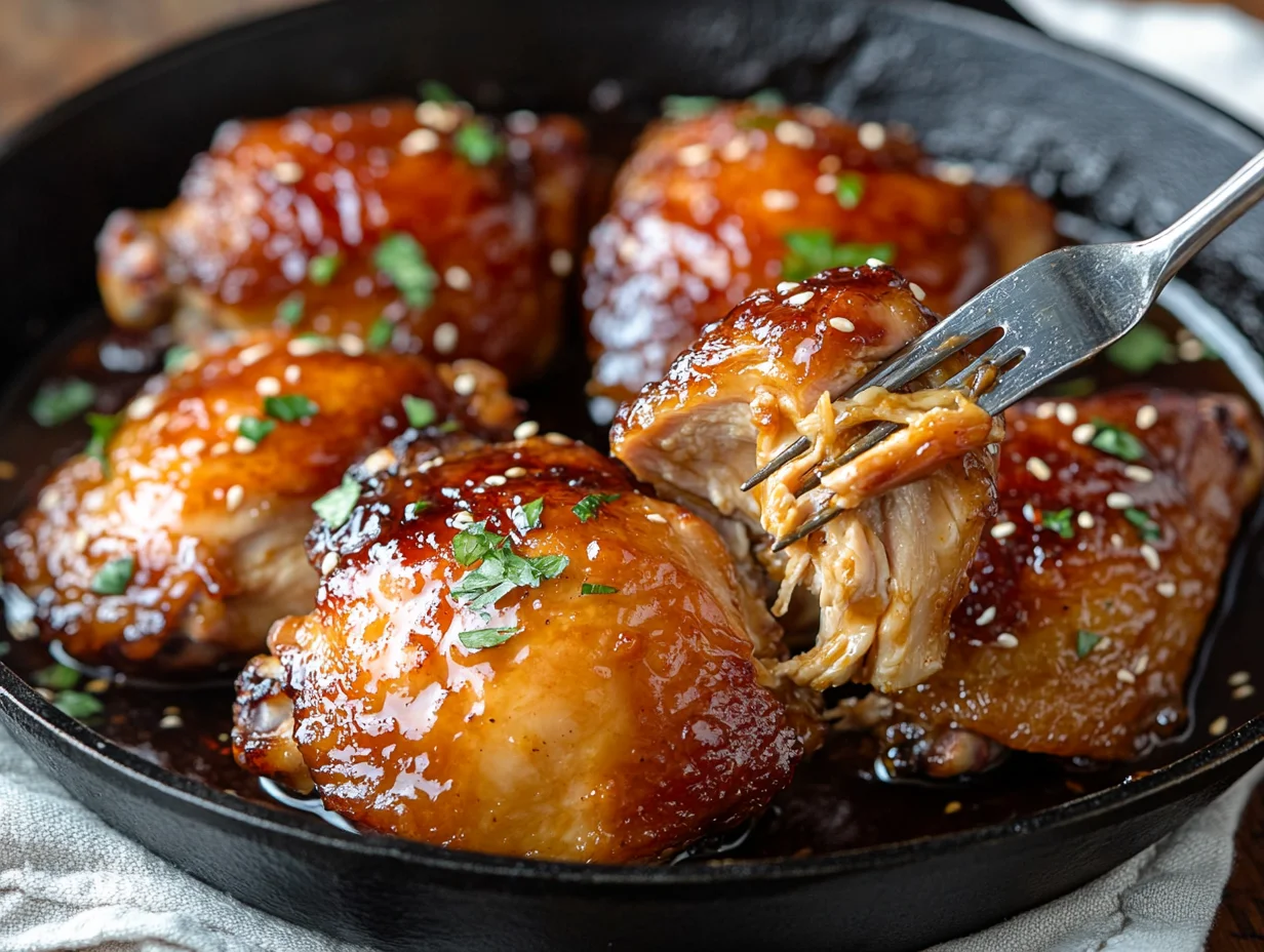 garlic honey soy chicken thighs served on a white plate with sesame seeds and green onion garnish