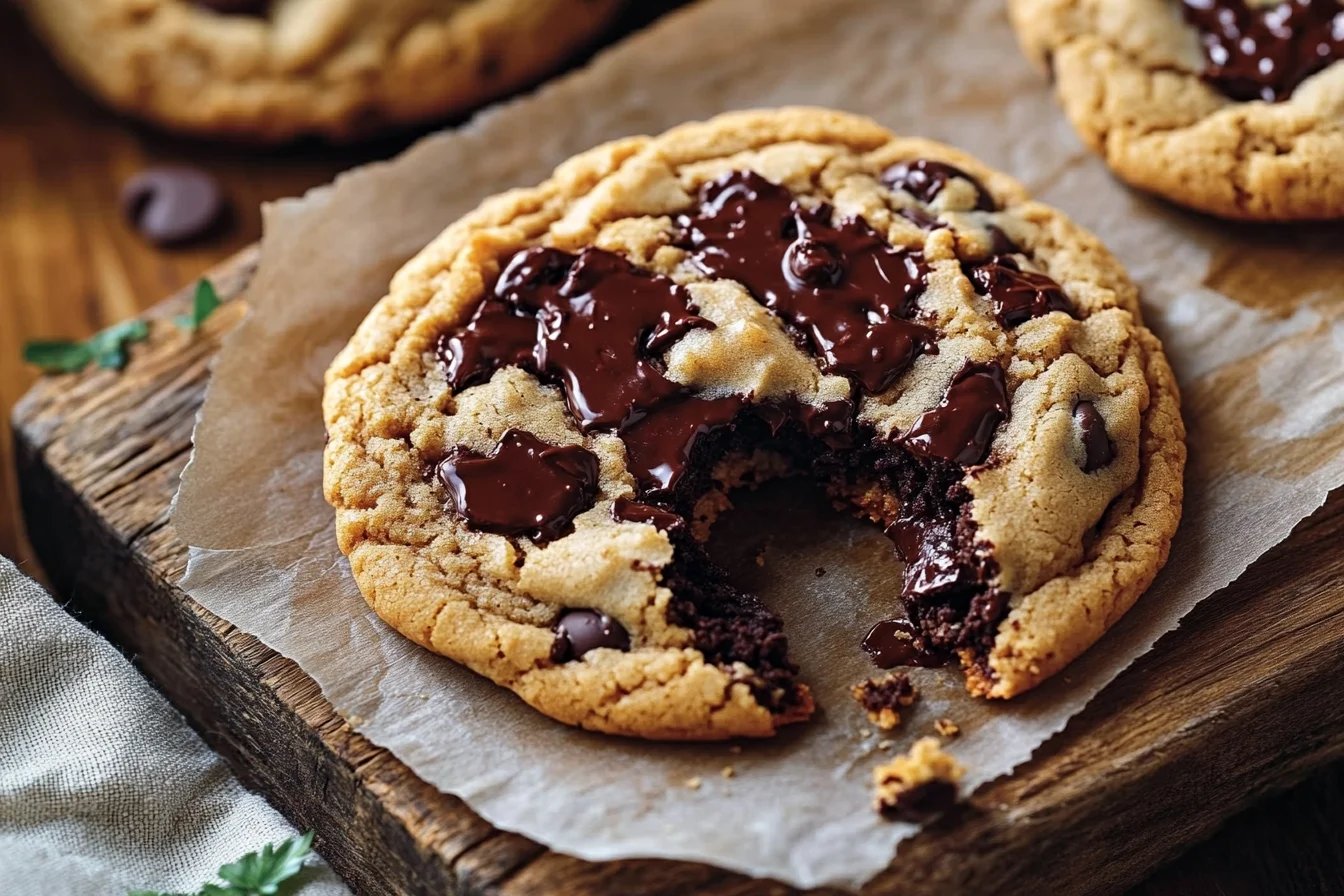 Giant Chocolate Chip Cookies on a rustic plate with melted chocolate chunks and golden edges
