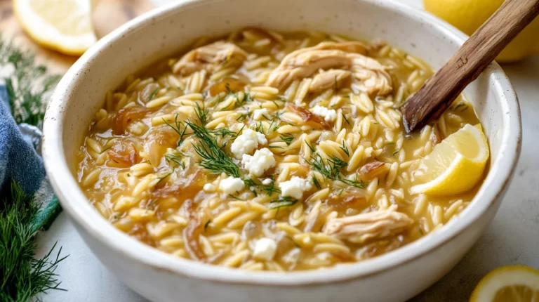 Bright and zesty Greek Lemon Orzo garnished with fresh herbs and lemon slices