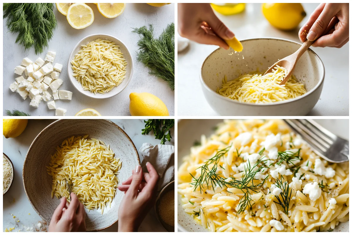 golden orzo pasta simmering in lemony broth with fresh dill and garlic