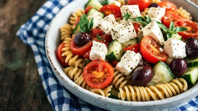Delicious Greek Pasta Salad with vibrant veggies, feta cheese, and olives in a light dressing