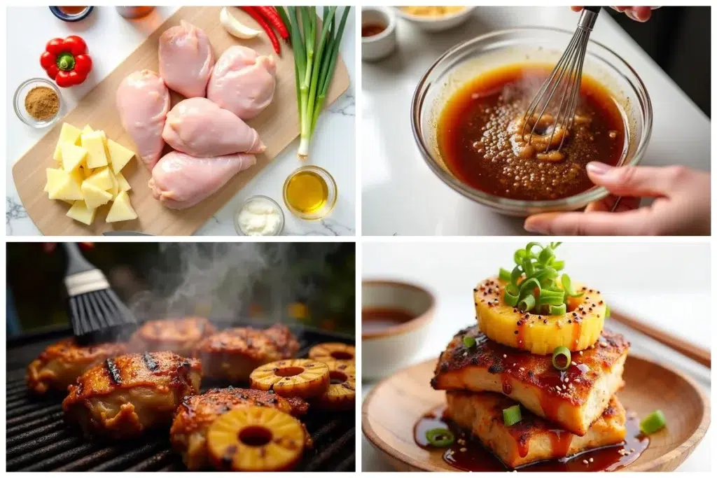 Hawaiian Huli Huli Chicken stack preparation steps collage