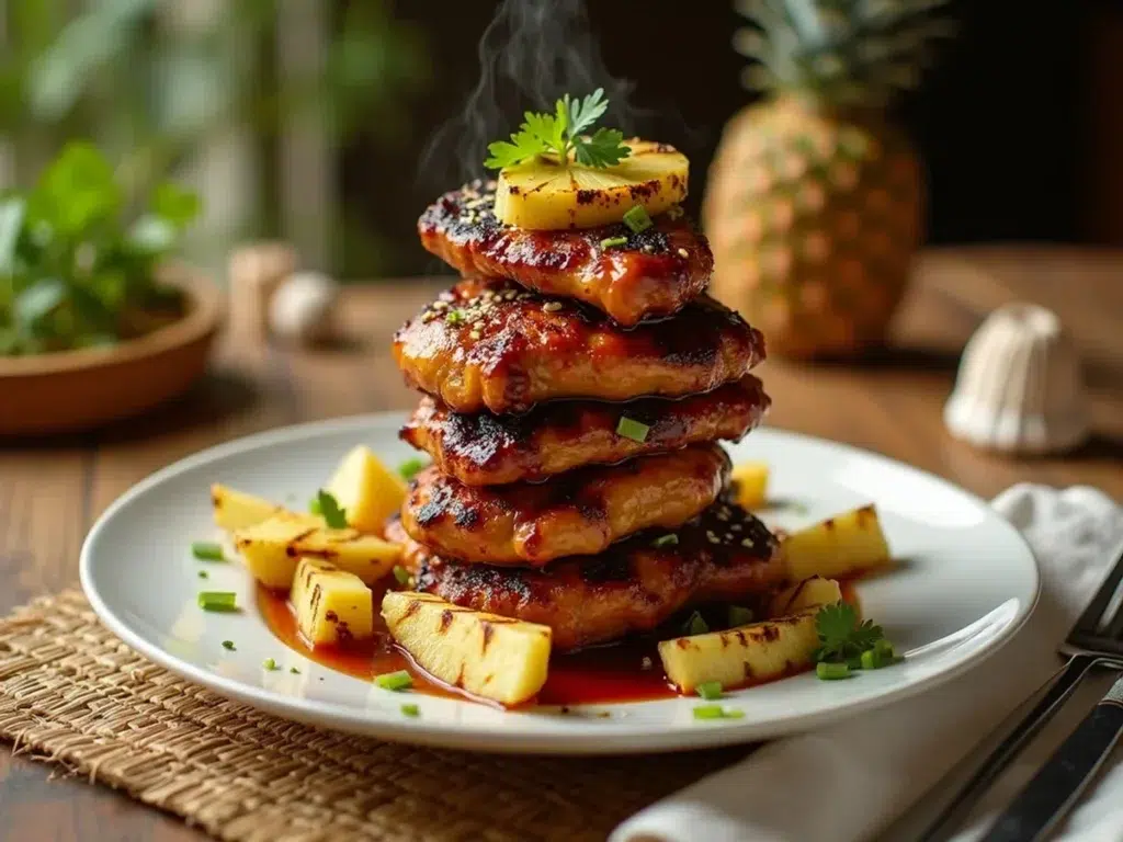 Hawaiian Huli Huli Chicken stack served on a plate