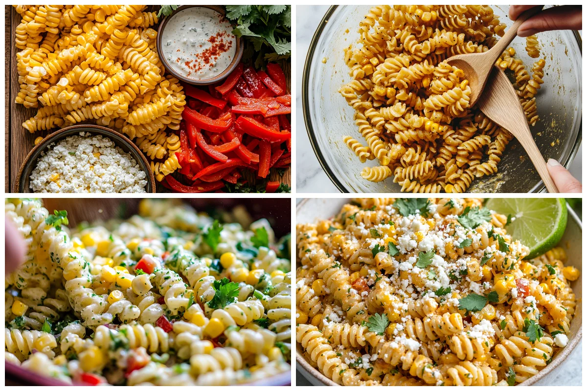 Chopped cilantro and crumbled cotija cheese being sprinkled over a bowl of Healthy Street Corn Pasta Salad