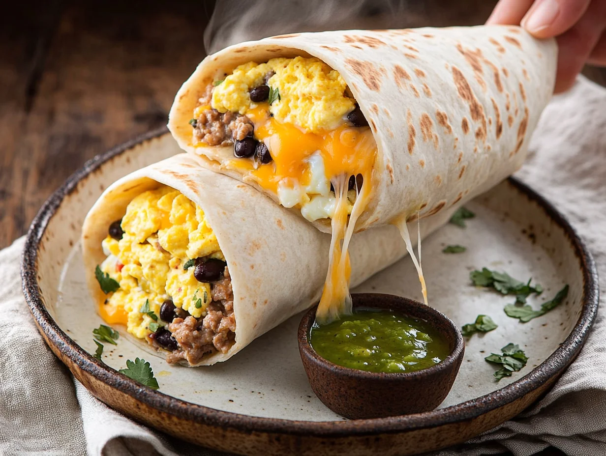 High protein breakfast burrito cut in half showing scrambled eggs, turkey sausage, cheese and beans wrapped in tortilla