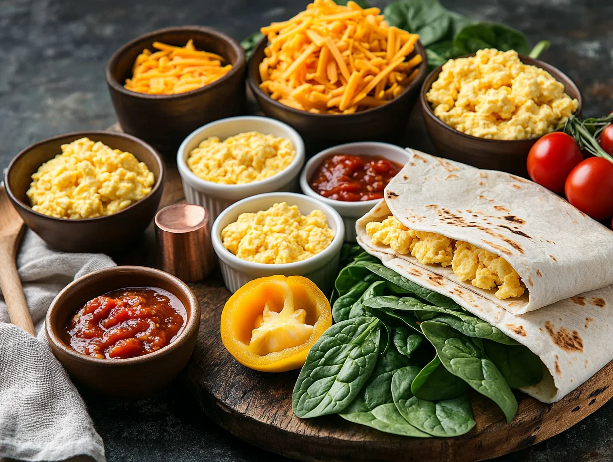 Fresh ingredients for high protein breakfast burritos including eggs, cheese, beans, and whole wheat tortillas