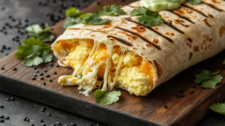High protein breakfast burrito cut in half showing scrambled eggs, turkey sausage, cheese and black beans wrapped in tortilla