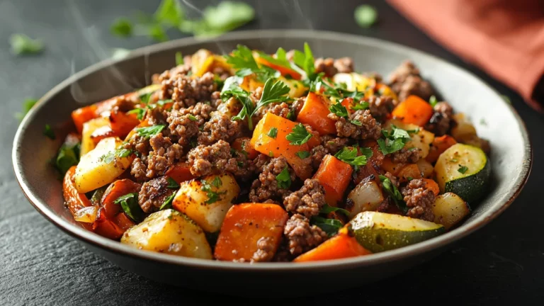 High-Protein Ground Beef Veggie Bowl with colorful veggies in a white bowl