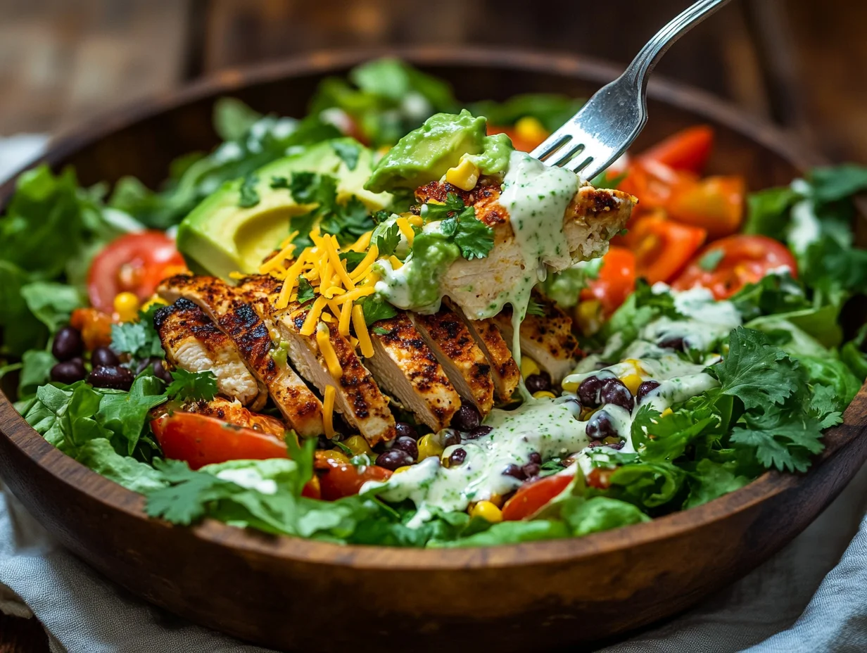 colorful serving of High Protein Taco Salad topped with grilled chicken and fresh veggies
