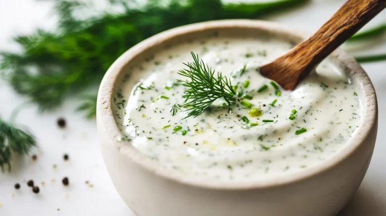 Creamy homemade ranch dressing in glass bowl with fresh herbs and spices scattered around on marble counter