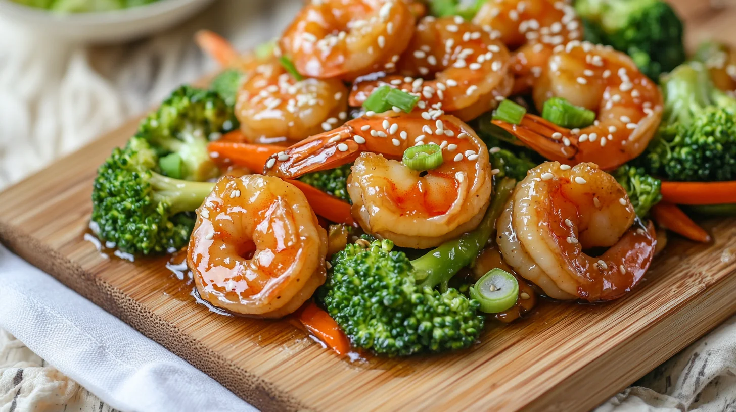 Colorful honey garlic shrimp stir fry with vibrant vegetables, glistening in a savory sauce