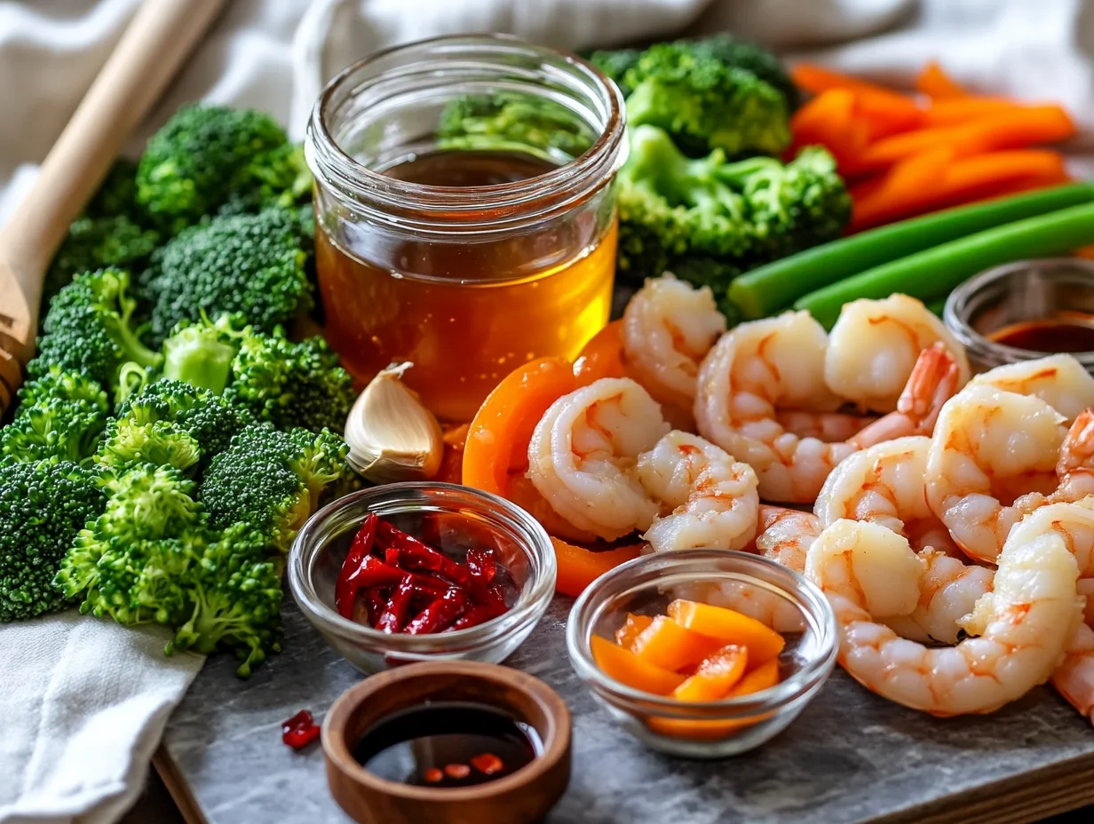 fresh shrimp and vibrant vegetables for Honey Garlic Shrimp Stir Fry