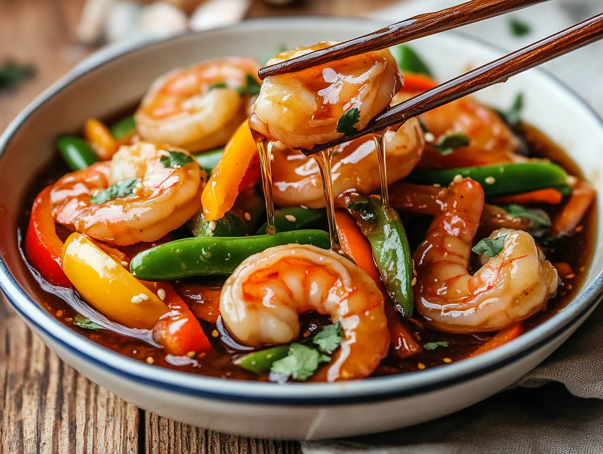 Honey garlic shrimp stir fry served in white bowl with colorful vegetables and glossy sauce