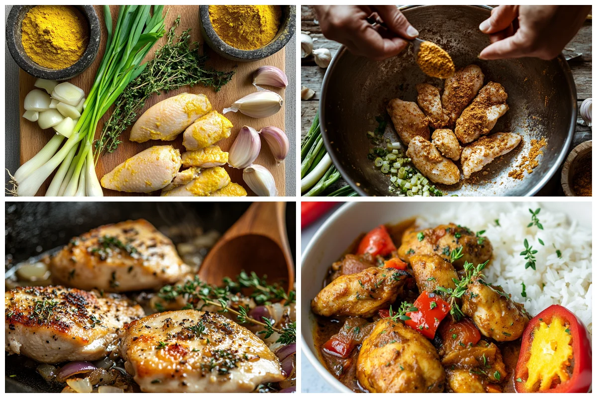 Raw chicken pieces being seasoned with curry powder and spices in a large bowl for Jamaican curry chicken