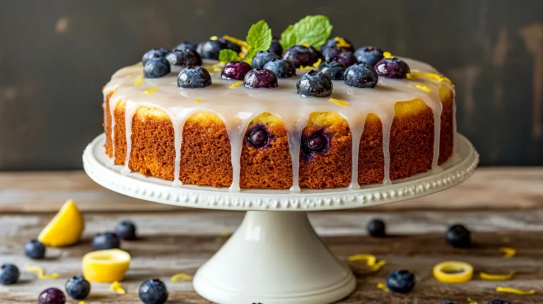 Lemon Blueberry Cake topped with fresh blueberries and lemon zest