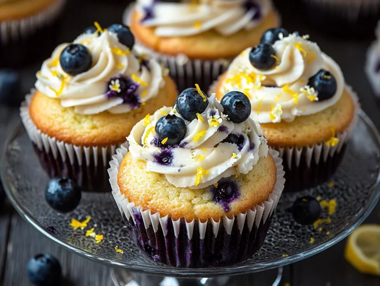 Delicious lemon blueberry cupcakes topped with creamy frosting and fresh blueberries