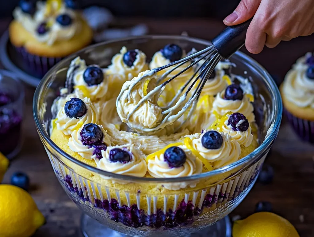 mixing lemon zest and fresh blueberries into cupcake batter for Lemon Blueberry Cupcakes