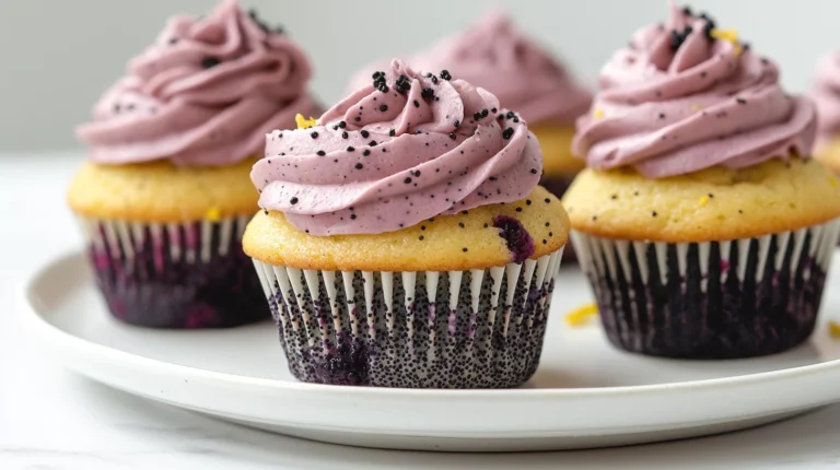 Lemon poppy seed cupcakes topped with swirled blackberry frosting on white marble background