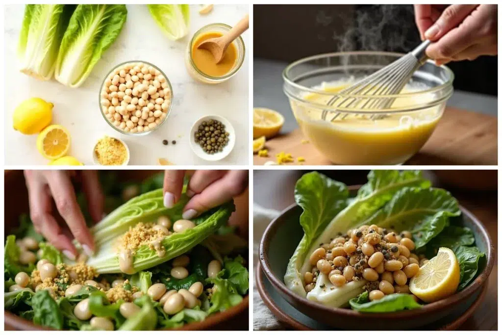Lemon Tahini White Bean Caesar Salad preparation steps collage