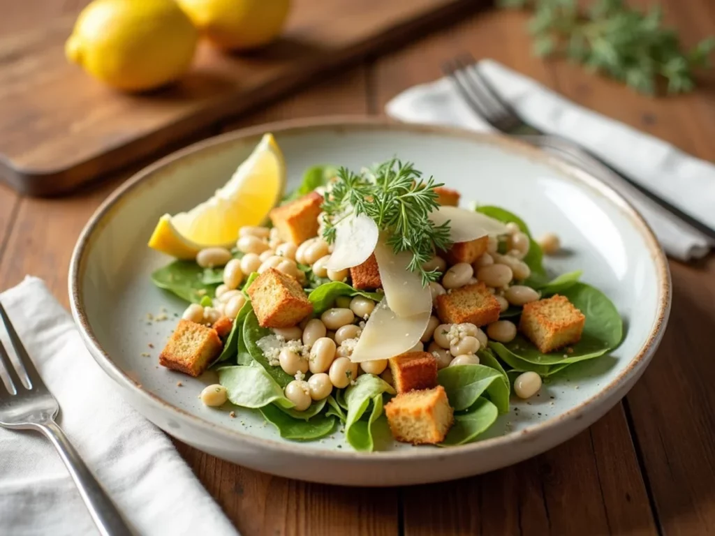 Lemon Tahini White Bean Caesar Salad served on a plate