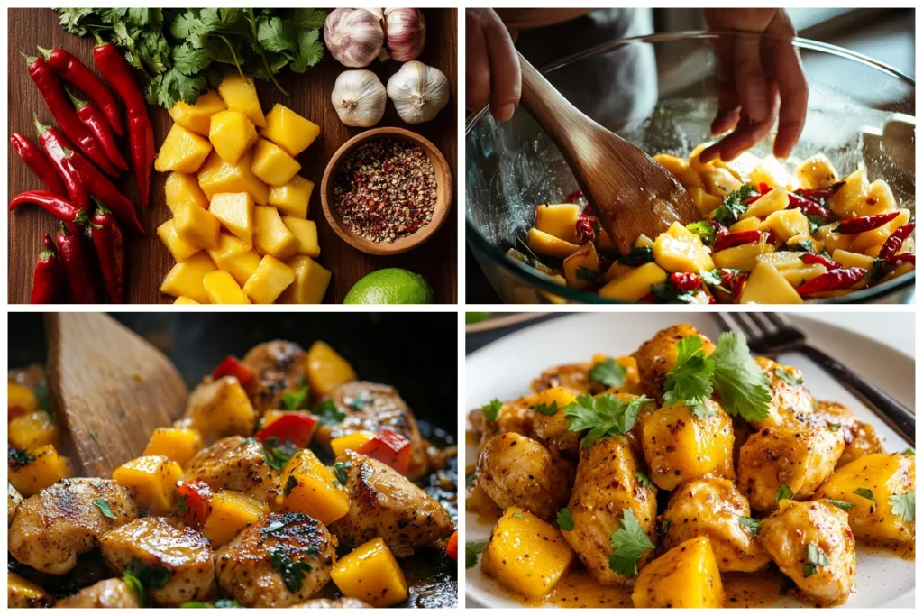 marinating chicken in a fragrant mango chili sauce with visible spices and herbs