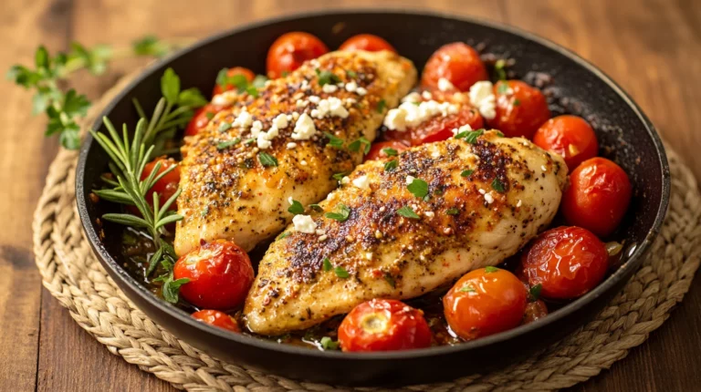 Mediterranean chicken skillet with juicy chicken, colorful bell peppers, olives, and feta cheese in a cast iron pan