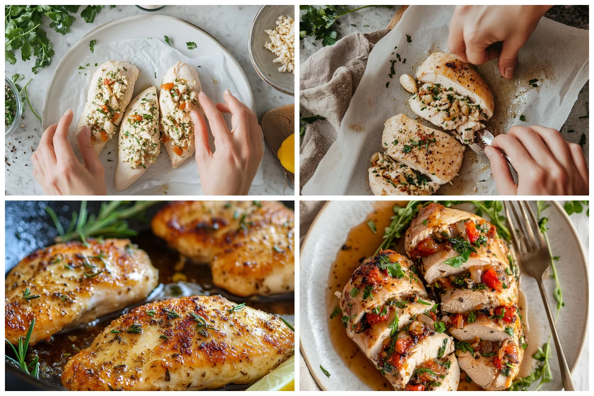 close-up of seasoned chicken breasts being stuffed with Mediterranean ingredients