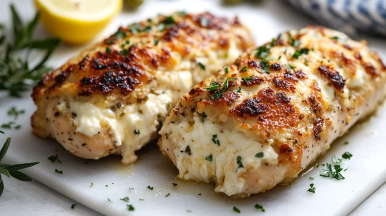 juicy Mediterranean stuffed chicken breasts with spinach, feta, and sun-dried tomatoes on a white plate