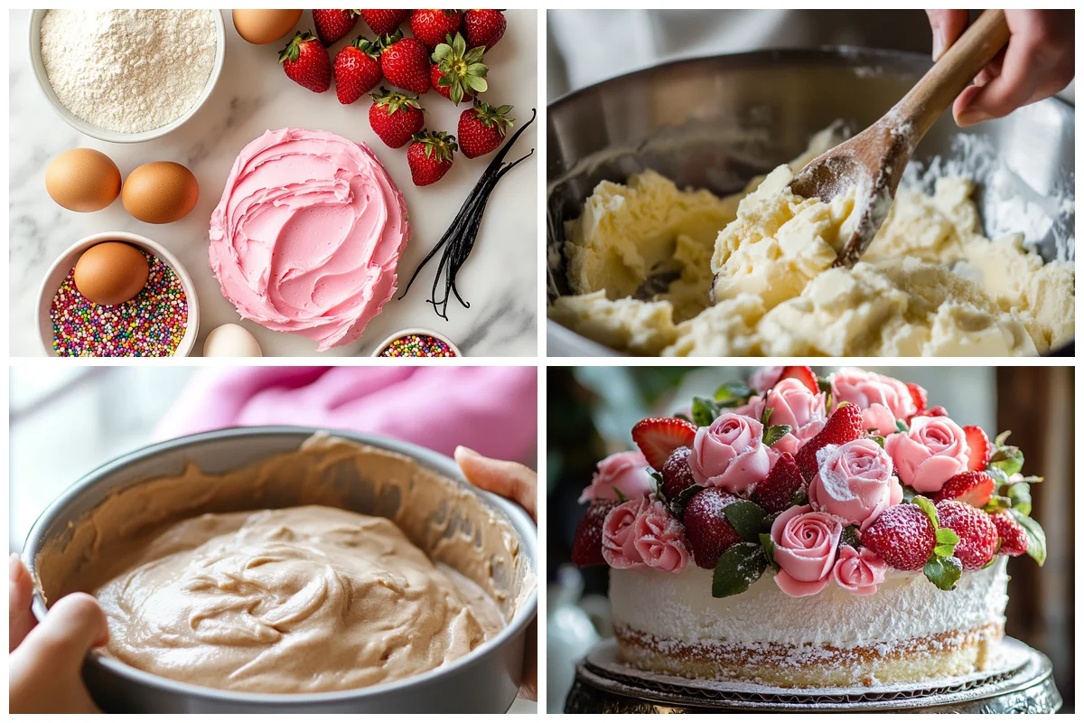 mixing cake batter with a spatula in a bowl for Mother's day cake, showcasing ingredients