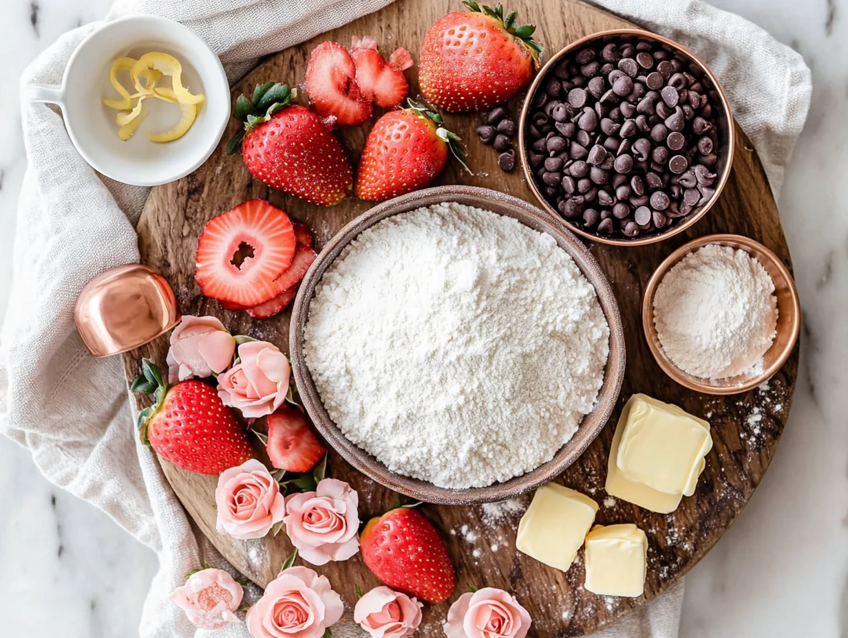 Fresh ingredients for Mother's Day cake including flour, eggs, butter, vanilla extract and pink food coloring
