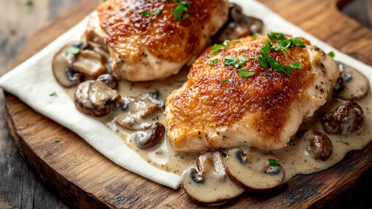 Savory Mushroom Chicken garnished with fresh herbs, showcasing crispy skin and tender mushrooms