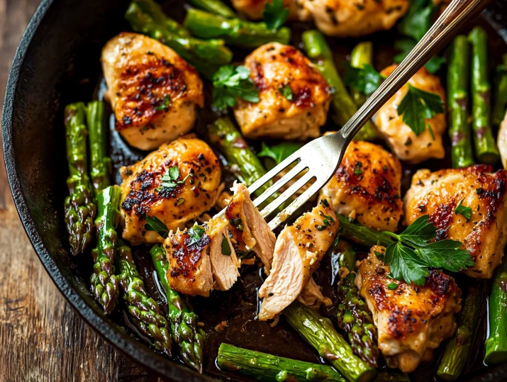 One Skillet Chicken with Asparagus served on a white plate, garnished with fresh herbs