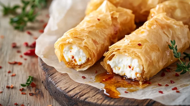 golden-brown oven-fried feta rolls drizzled with spicy chili honey on a rustic wooden board