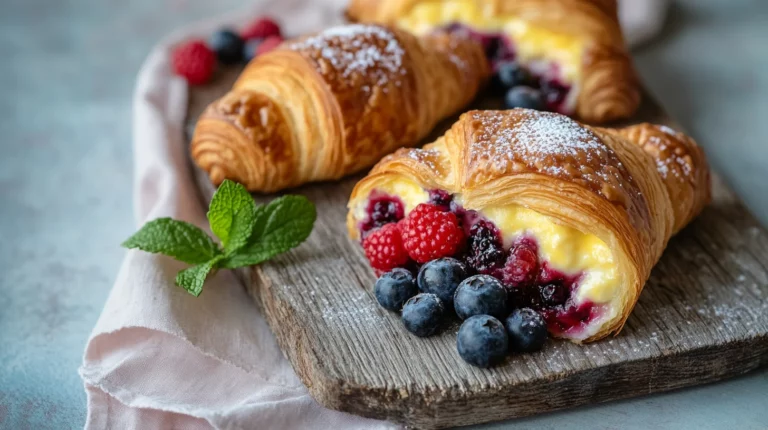 Overnight berry croissant breakfast bake with golden flaky pastry, fresh berries, and creamy custard in baking dish