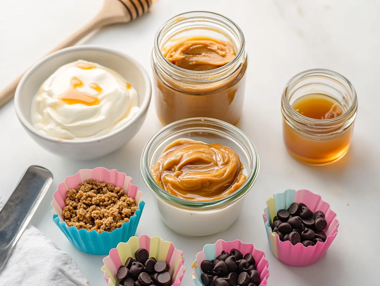 creamy peanut butter being swirled into thick Greek yogurt for frozen yogurt bites