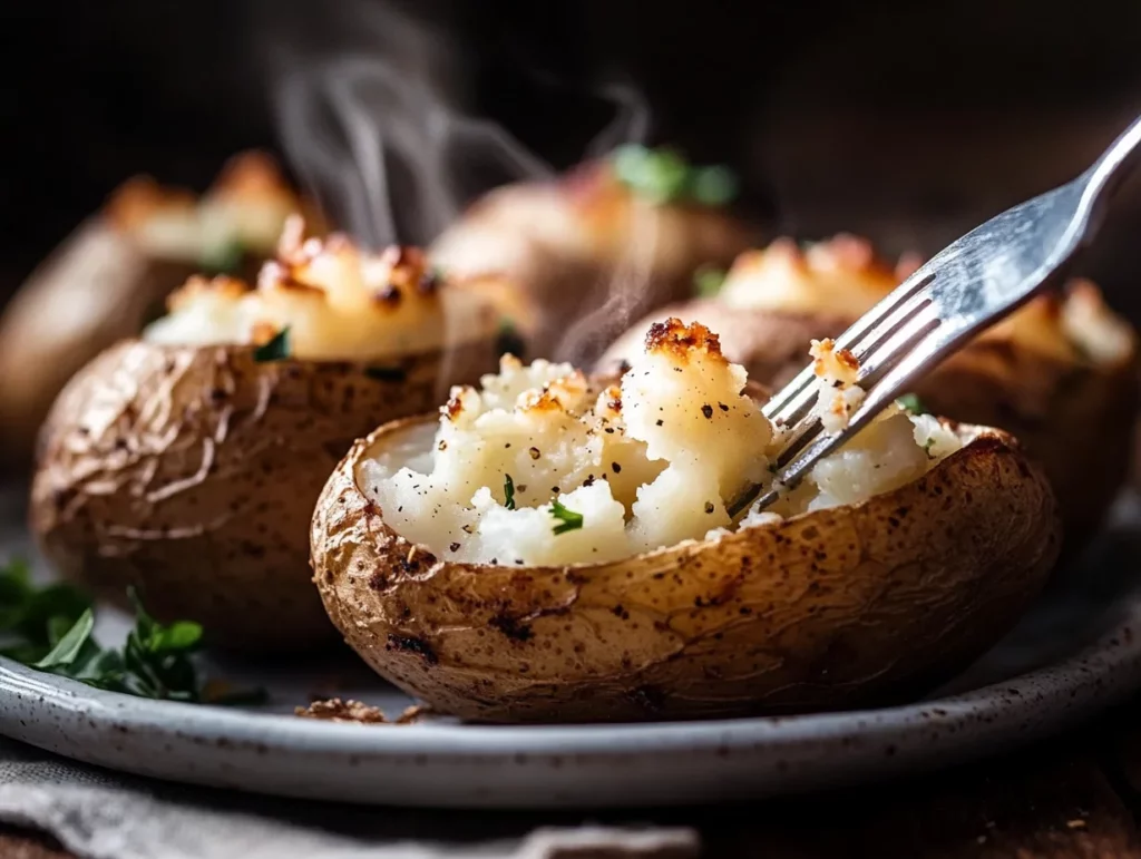 Perfect baked potatoes with golden crispy skin split open revealing fluffy white interior on rustic wooden plate
