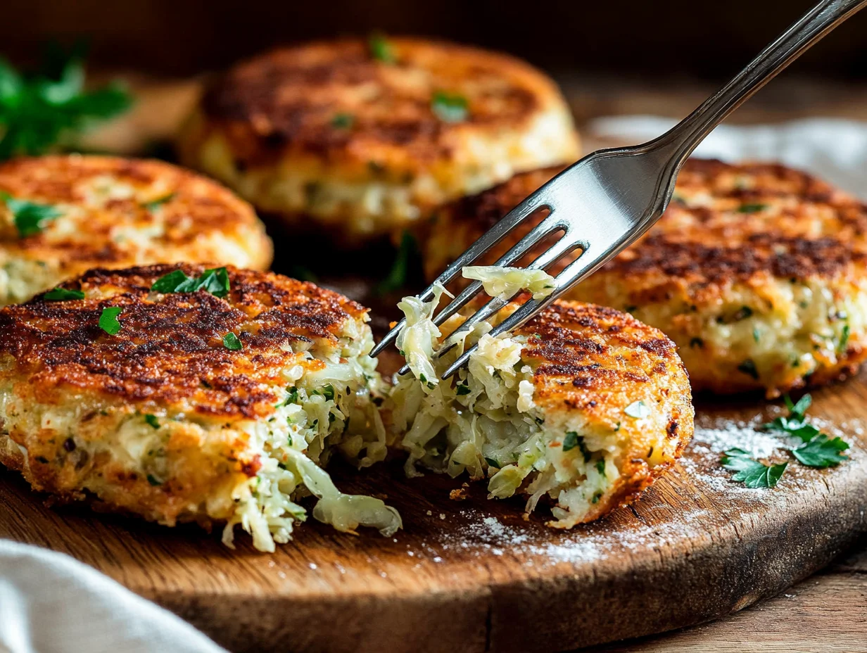 Golden brown cabbage patties served on white plate with fresh herbs and crispy edges showing perfect texture