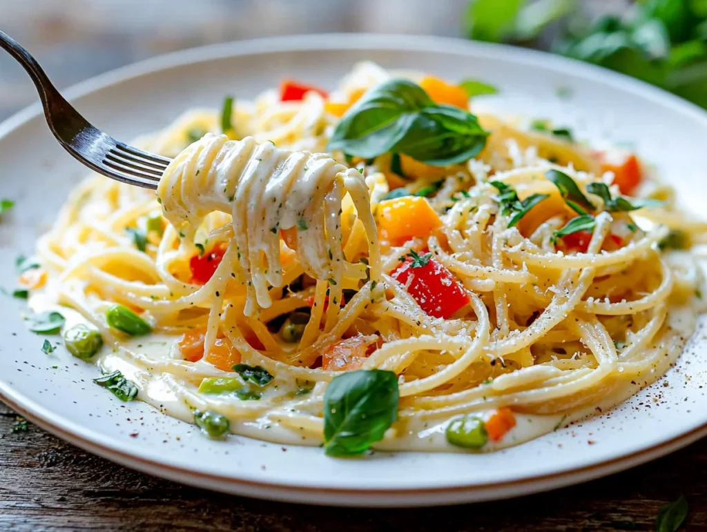 Perfect pasta primavera served in white bowl with colorful vegetables and creamy sauce, garnished with fresh herbs